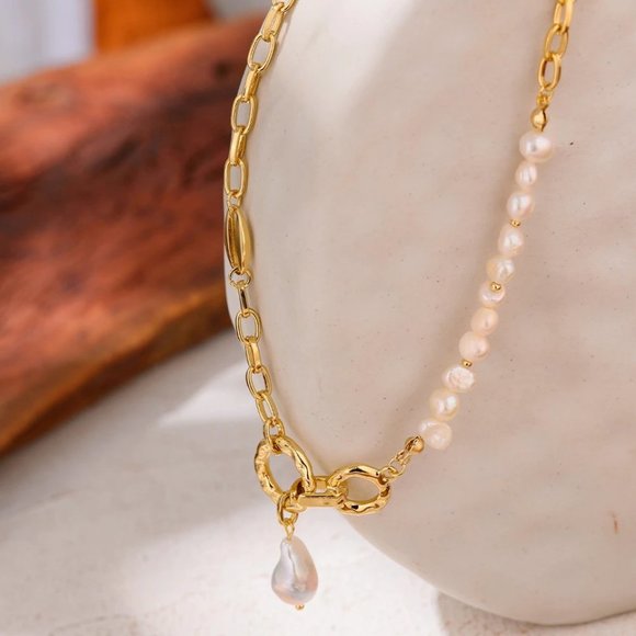 NEW 18K Gold Plated Natural Pearl Circle Link Chain Necklace - Picture 6 of 7